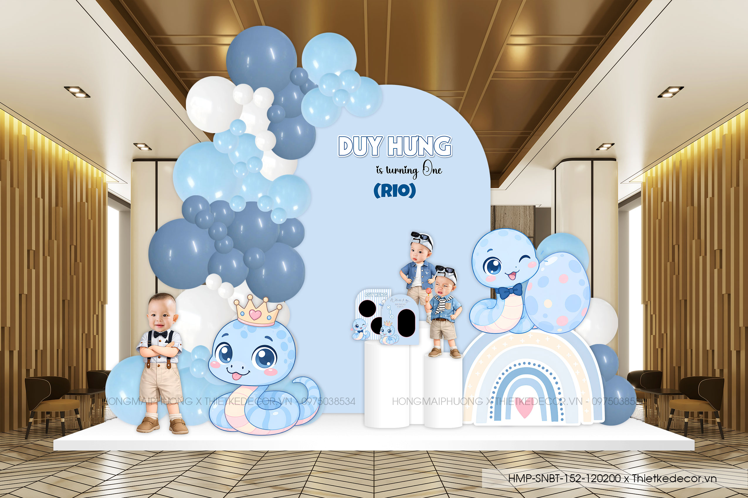 File thiết kế decor trang trí tiệc sinh nhật bé trai tuổi Rắn - Tỵ mix bong bóng cute dễ thương đáng yêu tone xanh dương